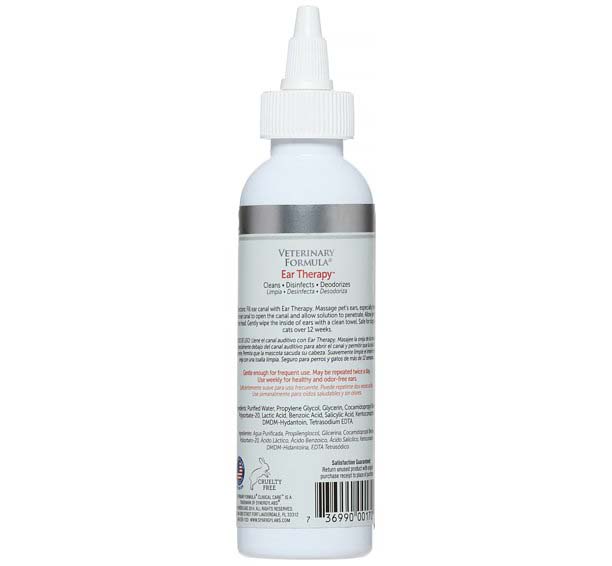 Veterinary Formula Clinical Care Ear Therapy Ear Drops 4 Oz  Usage Instructions On Reverse Of Product Bottle.