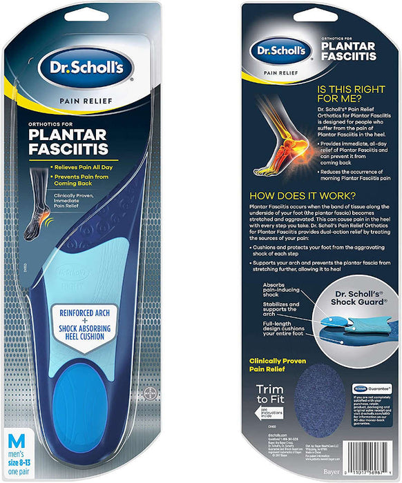 Dr. Scholl's Pain Relief Orthotics Insloes For Plantar Fasciitis -  Men, image of outer packaging front and back