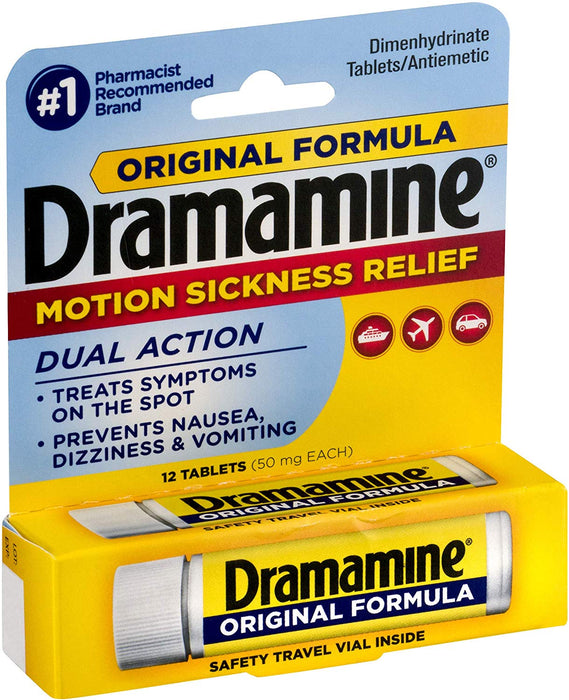 Dramamine Original Formula Motion Sickness Relief Tablets 12, front side view of outer packaging, in front of white backdrop