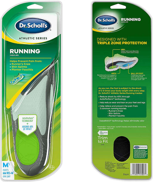 Dr. Scholl’s Athletic Series  Running Insoles for men front and reverse of product packaging