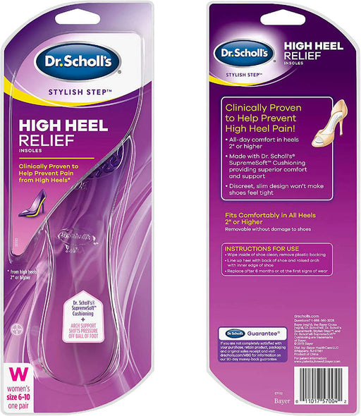 Dr. Scholl's Stylish Step High Heel Pain Relief Insoles front and back of product outer packaging in front of white background