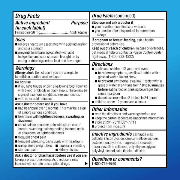 Amazon Basic Care 20mg Famotidine Tables Usage Instructions On Reverse Of Product Packaging