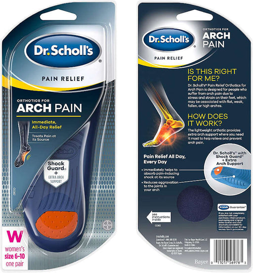 Dr. Scholl's Pain Relief Orthotics for Arch Pain Women's front and reverse of outer packaging in front of white background