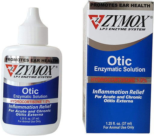 Zymox Otic Enzymatic Solution with 1% Hydrocortisone 1.25 oz image of product bottle next to outer packaging