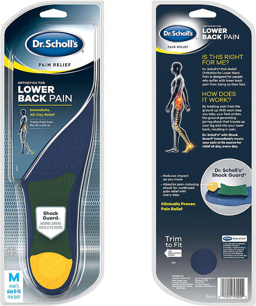 Dr. Scholl's Pain Relief  Orthotics For Lower Back Pain - Men - front and back of product outer packaging