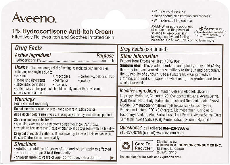 Aveeno Maximum Strength 1% Hydrocortisone Anti-Itch Cream usage instructions pictured on reverse of product packaging
