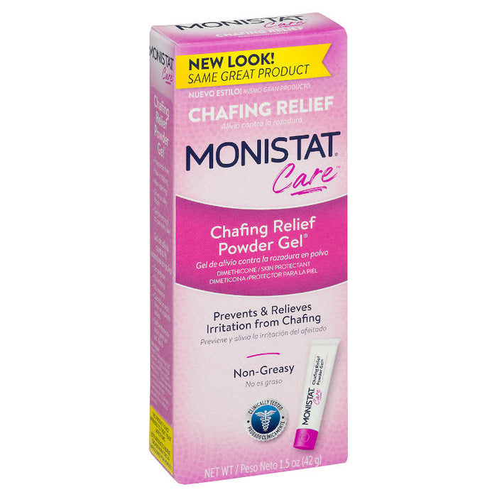 Monistat Complete Care Chafing Relief Powder Gel, 1.5 oz product packaging image taken at an angle in front of white background 