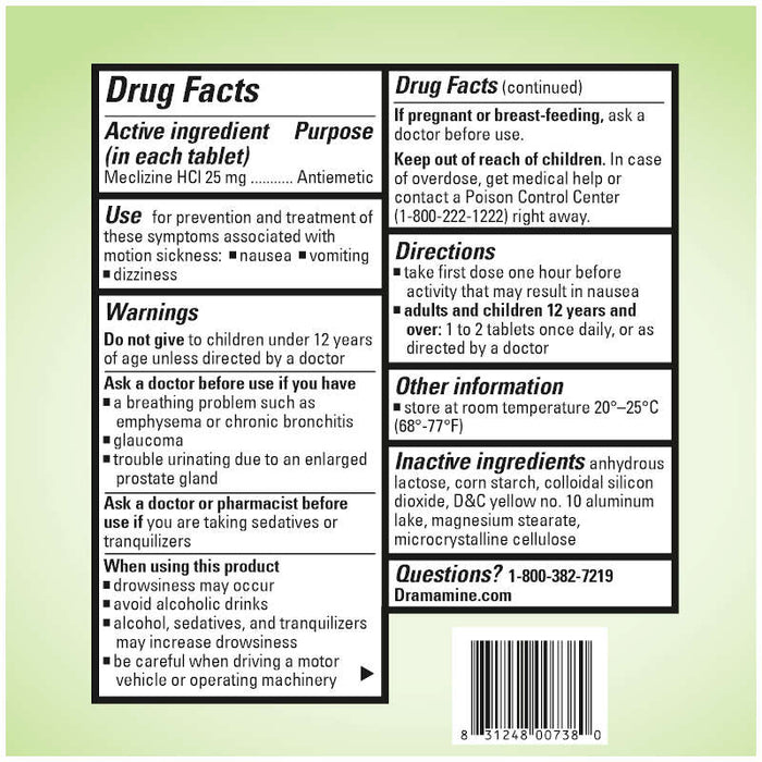 Dramamine Nausea Long Lasting 10 Tablets Usage Instructions On Reverse Of Product Packaging.