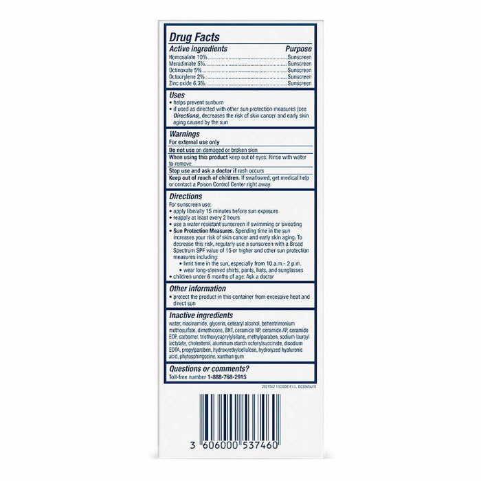CeraVe AM Facial Moisturizing Lotion SPF 30 Usage instructions on reverse of product packaging