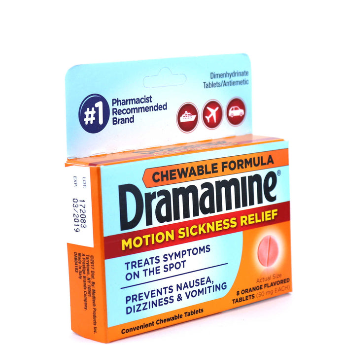 Dramamine Chewable Tablets Motion Sickness Relief, 8 Count. Orange Flavour