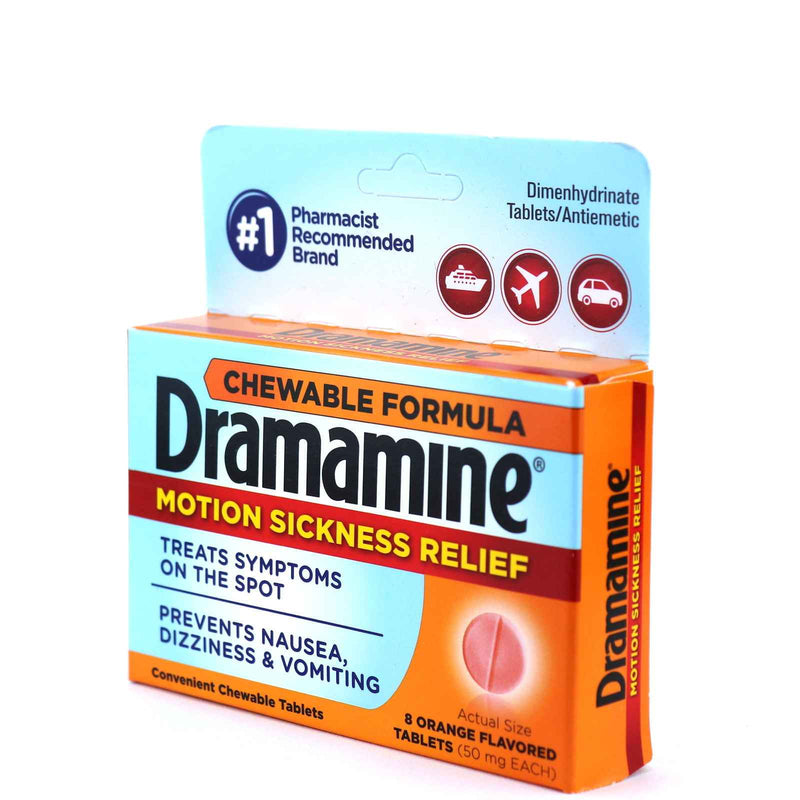Dramamine Chewable Tablets Motion Sickness Relief, 8 Count. Orange Flavour