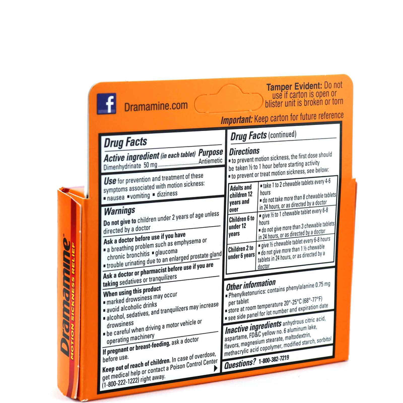 Dramamine Chewable Tablets Motion Sickness Relief, 8 Count. Orange Flavour