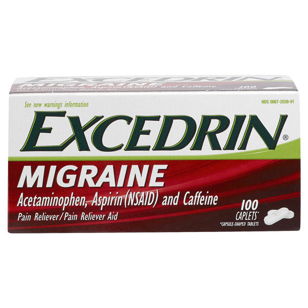 Excedrin Migraine Caplets 100 Outer Packaging In Front Of White Background.