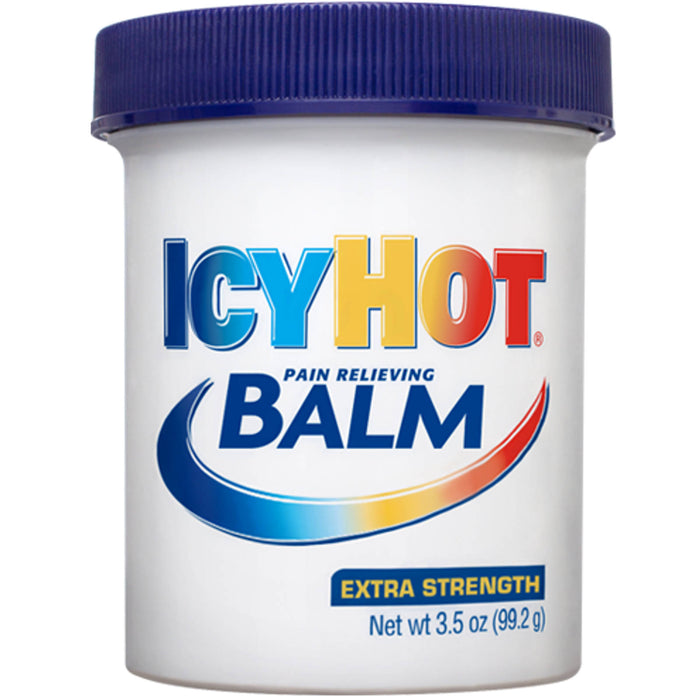 Picture of  a tube of Icy Hot Extra Strength Pain Relieving Balm  3.5 oz taken head on