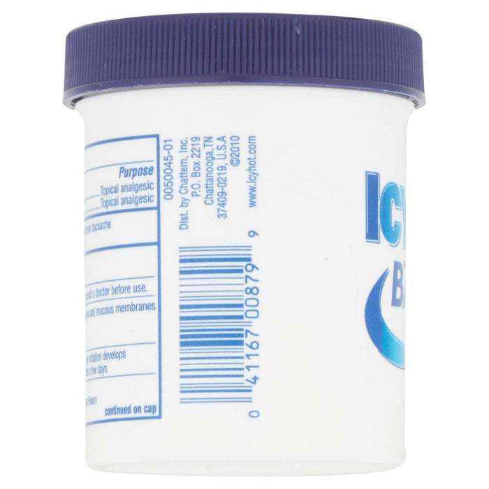 Icy Hot Extra Strength Pain Relieving Balm 3.5 oz barcode and distrubition information pictured on side of product