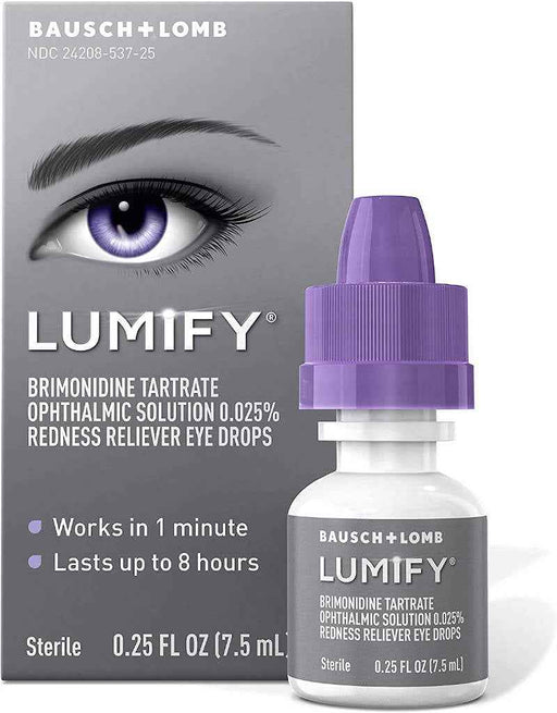 Bausch & Lomb Lumify eye drop bottle with packaging in the background