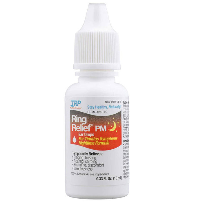 Ring Relief PM Ear Drops 0.33 Fl Oz Bottle In Front Of White Background.