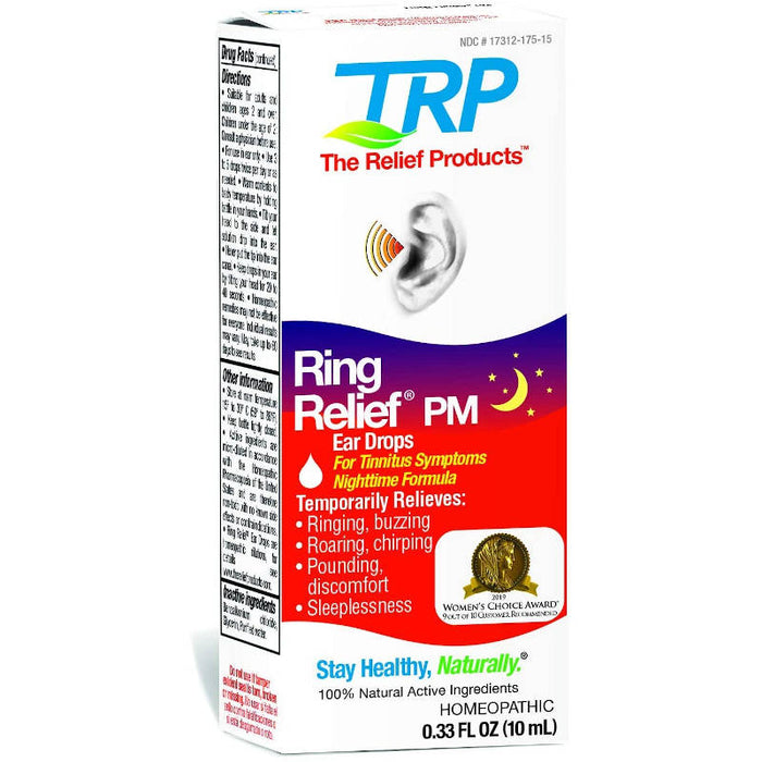 Ring Relief PM Ear Drops Outer Packaging In Front Of White Background.