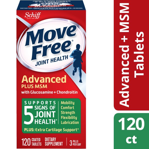 Move Free Advanced Plus MSM 120 Tablets Outer Packaging In Front Of White Background.