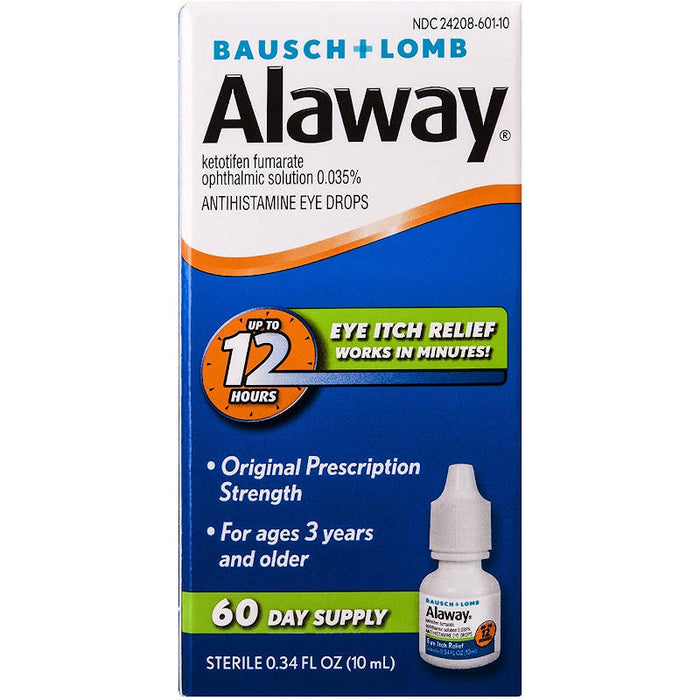 Bausch + Lomb Alaway Antihistamine Eye Drops, 0.34 oz  60 days supply front view of outer packaging in front of white background