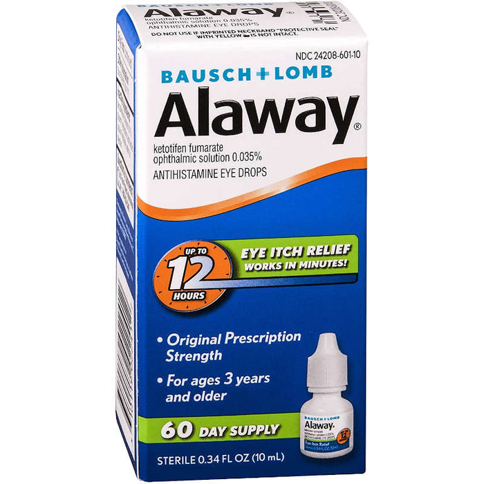 Bausch + Lomb Alaway Antihistamine Eye Drops, 0.34 oz  60 days supply outer packaging in front of white background