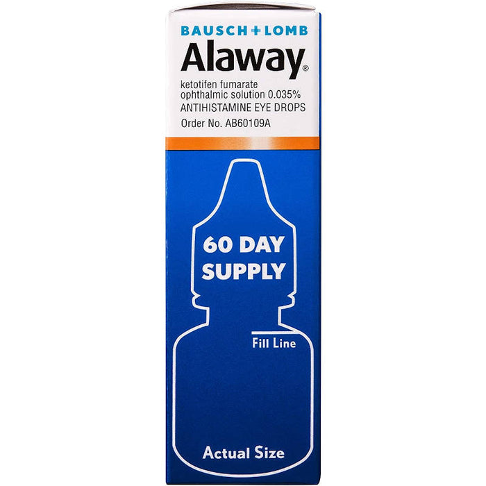Bausch + Lomb Alaway Antihistamine Eye Drops, 0.34 oz 60 days supply side view of outer packaging which shows the size of the actual product bottle