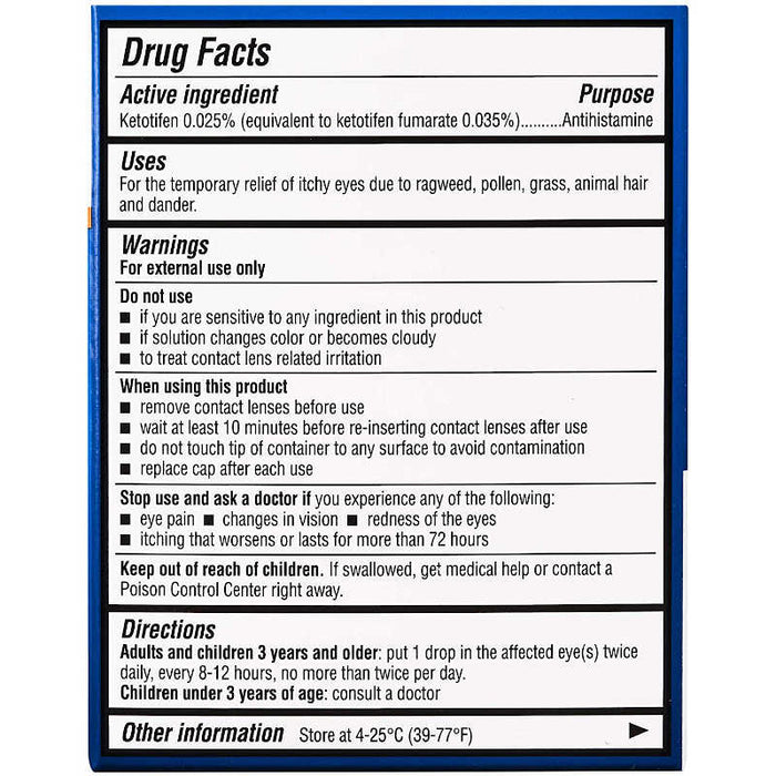 Bausch + Lomb Alaway Antihistamine Eye Drops, 0.34 oz Usage instructions on reverse of outer packaging