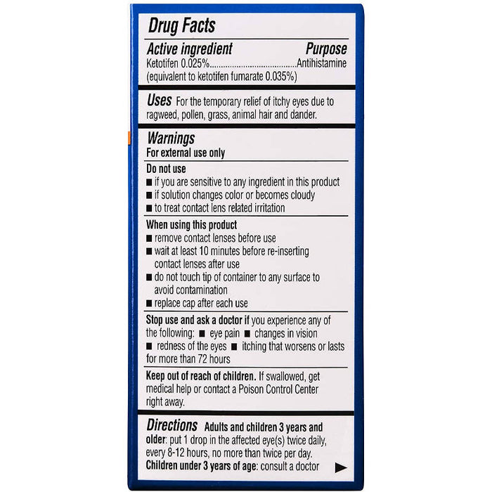 Bausch + Lomb Alaway Antihistamine Eye Drops, 0.34 oz 60 days supply usage instruction on reverse of outer packaging in front of white background