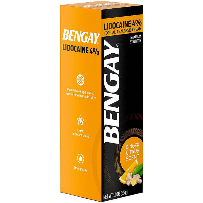 Bengay Pain Relieving 4% Lidocaine Cream Topical Analgesic, Ginger Citrus Scent, 3 oz front side image of outer product box in front of white backdrop