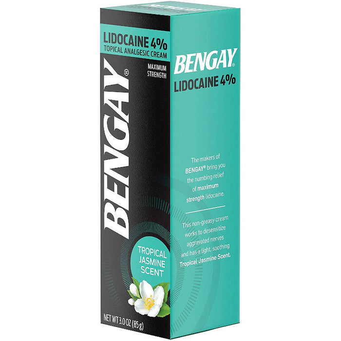 Bengay Pain Relieving 4% Lidocaine Cream Topical Analgesic, Tropical Jasmine Scent, 3 oz - Side front image of outer packaging in front of white backdrop