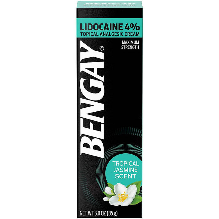 Bengay Pain Relieving 4% Lidocaine Cream Topical Analgesic, Tropical Jasmine Scent, 3 oz product outer packaging in front of white background