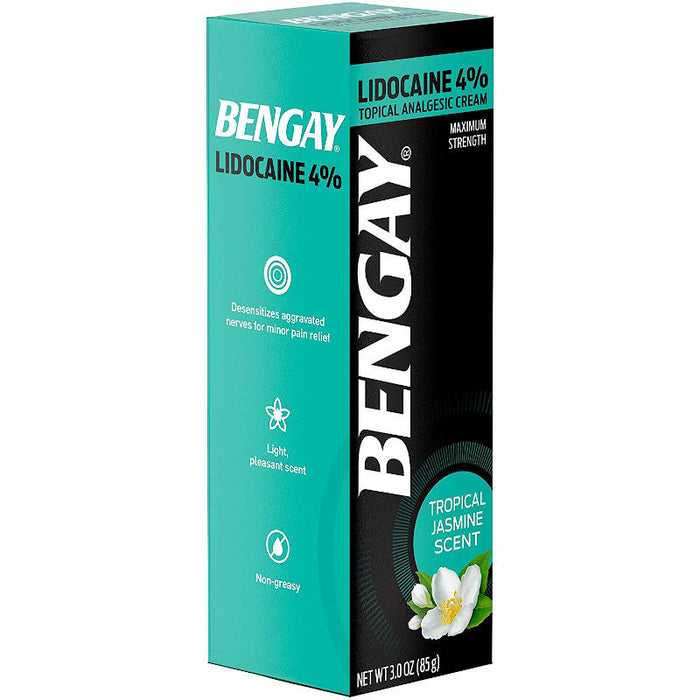 Bengay Pain Relieving 4% Lidocaine Cream Topical Analgesic, Tropical Jasmine Scent, 3 oz - Side front image of outer packaging in front of white background