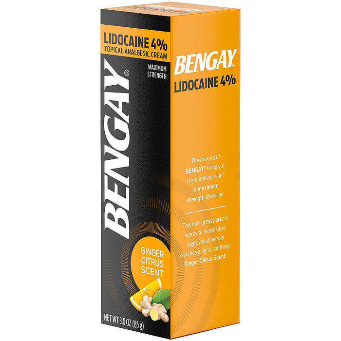 Bengay Pain Relieving 4% Lidocaine Cream Topical Analgesic, Ginger Citrus Scent, 3 oz side frony view of outer packaging in front of white background