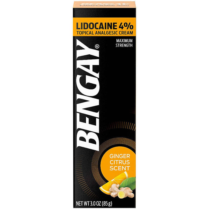 Bengay Pain Relieving 4% Lidocaine Cream Topical Analgesic, Ginger Citrus Scent, 3 oz head on view of product outer box in front of white background