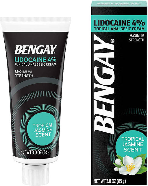 Bengay Pain Relieving 4% Lidocaine Cream Topical Analgesic, Tropical Jasmine Scent, 3 oz - Tube of cream alongside product outer packaging