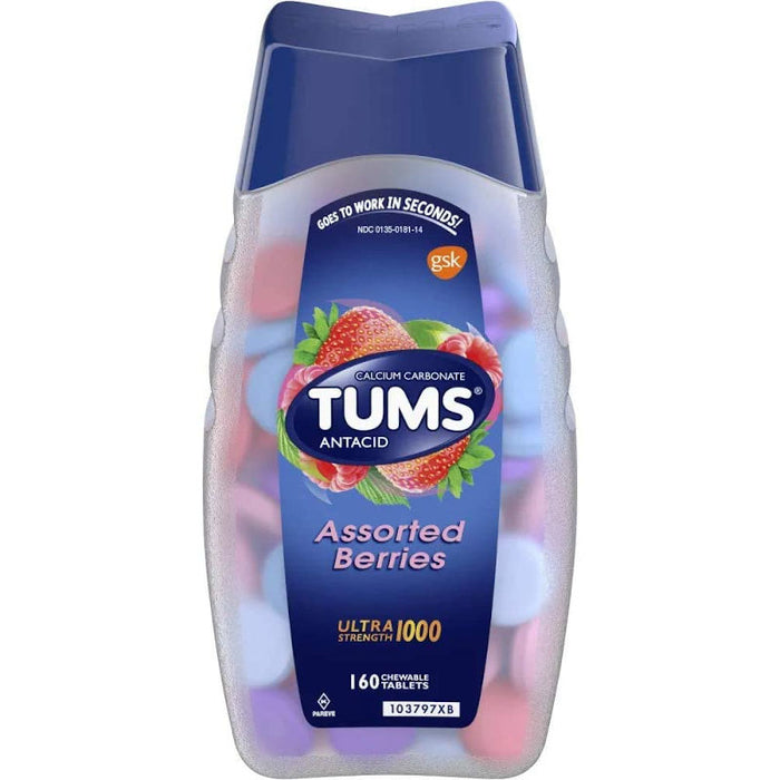 Tums Antacid Ultra Strength 1000 Chewable Tablets Assorted Assorted Berries 160 Outer product packaging in front of white background