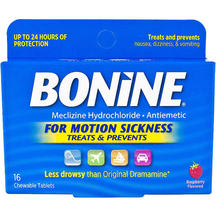Bonine Motion Sickness Relief Tablets 16 in front of white background.