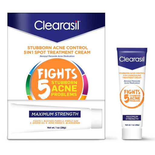 Picture of Clearasil Stubborn Acne Control 5in1 Spot Treatment Cream outer packaging and tube of cream 1 oz