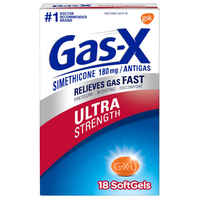 Gas X Ultra Strength 18 Softgels In Front Of White Background.