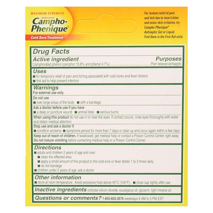 Campho-Phenique Cold Sore Treatment, Maximum Strength, Original Gel Formula, 0.23 Fl Oz usage instructions