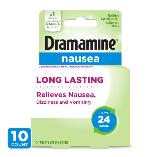 Dramamine Nausea Long Lasting 10 Tablets Outer Packaging In Front Of White Background.