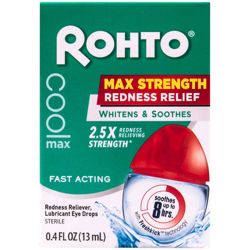Rohto Cool Max Redness Relieving Eye Drops, 0.4 Oz outer packaging in front of white backdrop