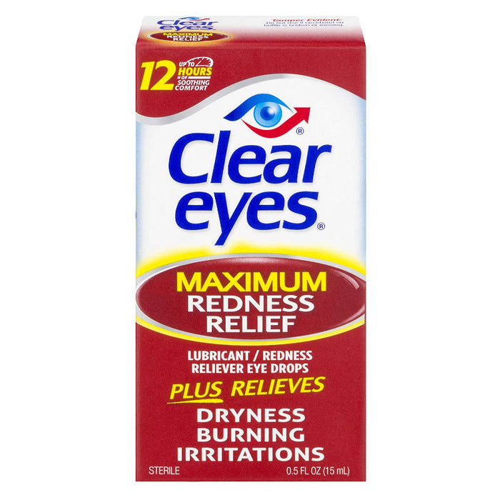 Clear Eyes Maximum Redness Relief Eye Drops, 0.5 fl oz outer packaging in front of white background