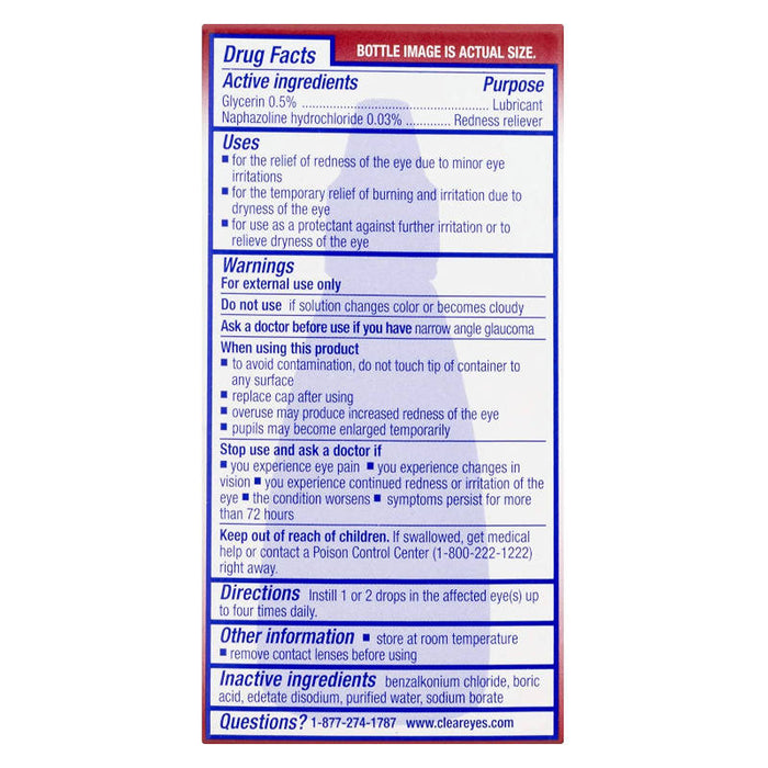 Clear Eyes Maximum Redness Relief Eye Drops, 0.5 fl oz usage instructions shown on reverse of product packaging