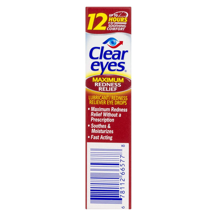 side view of the other packaging of a pack of Clear Eyes Maximum Redness Relief Eye Drops, 0.5 fl oz. 