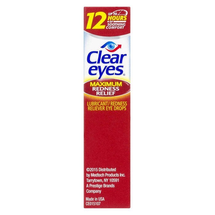 side view of the outer packaging of Clear Eyes Maximum Redness Relief Eye Drops, 0.5 fl oz. 