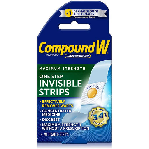 Compound W Wart Remover One Step Invisible 14 Medicated Strips In Front Of White Background.