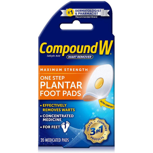 Compound W Maximum Strength One Step Plantar Wart Remover Foot Pads In Front Of White Background.