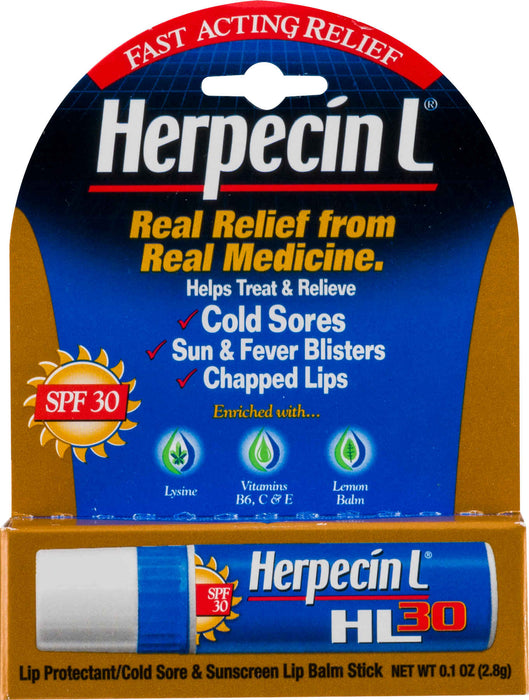 Herpecin L Lip Balm Stick SPF 30 Cold Sore Sun & Fever Blisters and Chapped Lips Relief, 1 Ounce Tube