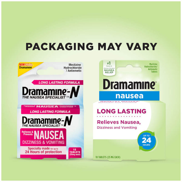 Dramamine Nausea Long Lasting 10 Tablets Banner Showing Old Product Packaging Next To The New Product Packaging.